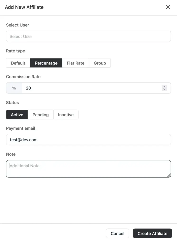 FluentAffiliate add new affiliate screen in WordPress showing commission rate and approval settings