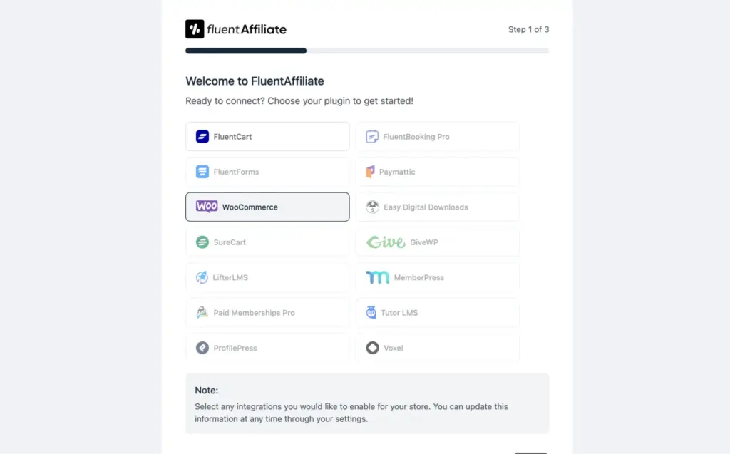 FluentAffiliate setup wizard in WordPress showing ecommerce and LMS integration options