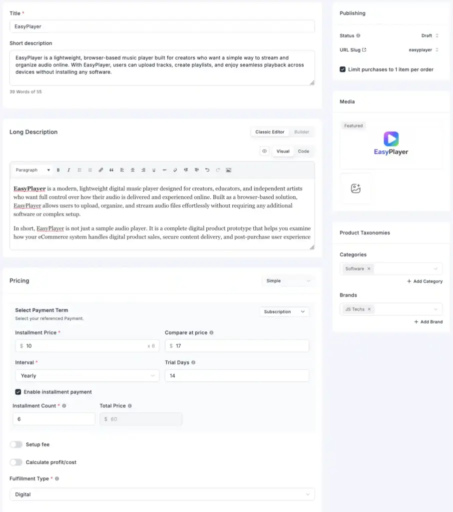 FluentCart product setup dashboard showing digital product with subscription pricing and installment payment options