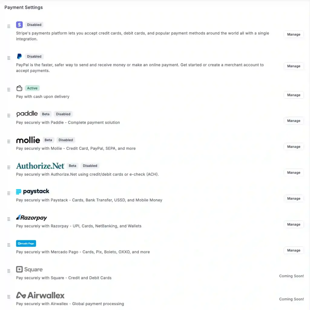 FluentCart payment gateway settings in WordPress dashboard showing Stripe, PayPal, Razorpay, Paddle, and multiple payment integrations