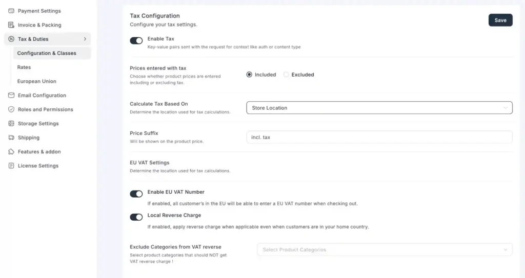 FluentCart tax and EU VAT configuration settings page in WordPress ecommerce plugin