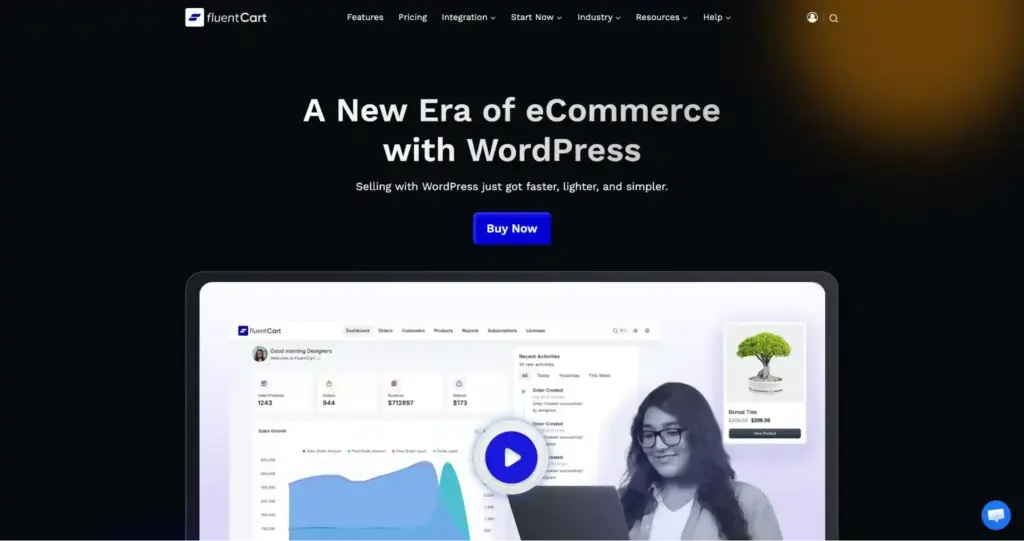 FluentCart WordPress ecommerce plugin homepage showcasing modern shopping cart dashboard