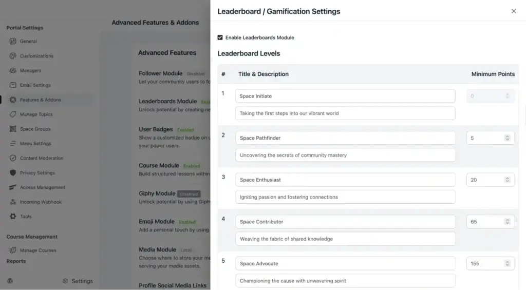 FluentCommunity leaderboard and gamification settings in WordPress showing user levels and point-based ranking system