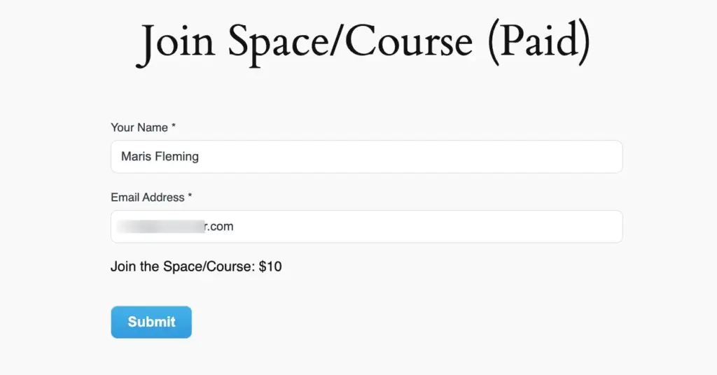 FluentCommunity paid space or course payment form in WordPress showing user registration and payment submission