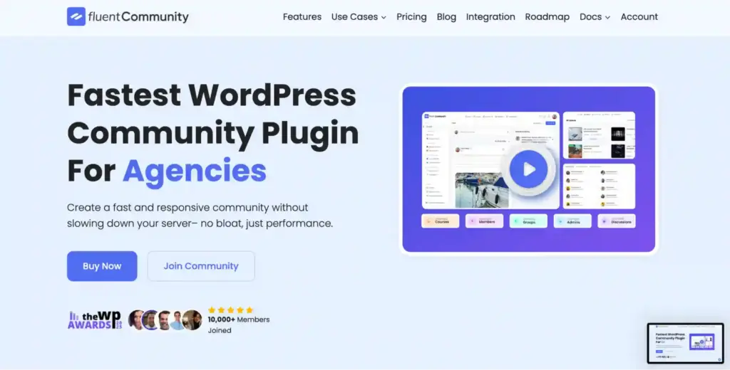 FluentCommunity homepage hero section showcasing WordPress community plugin features and engagement tools