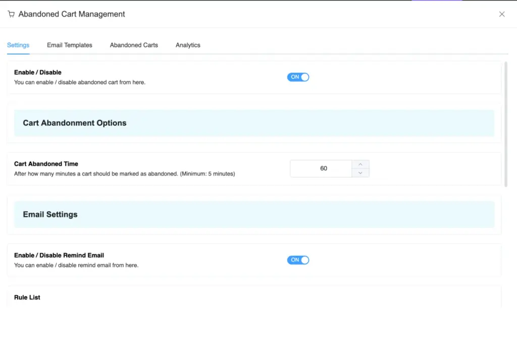 ShopLentor abandoned cart recovery settings in WordPress showing cart timeout and reminder email configuration
