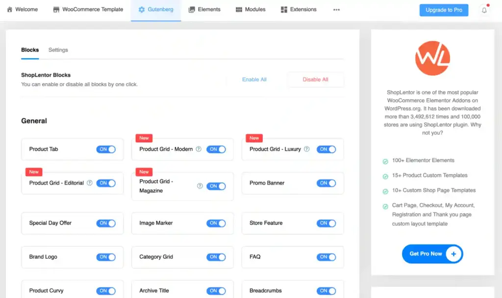 ShopLentor Gutenberg blocks panel in WordPress for customizing WooCommerce shop and product pages