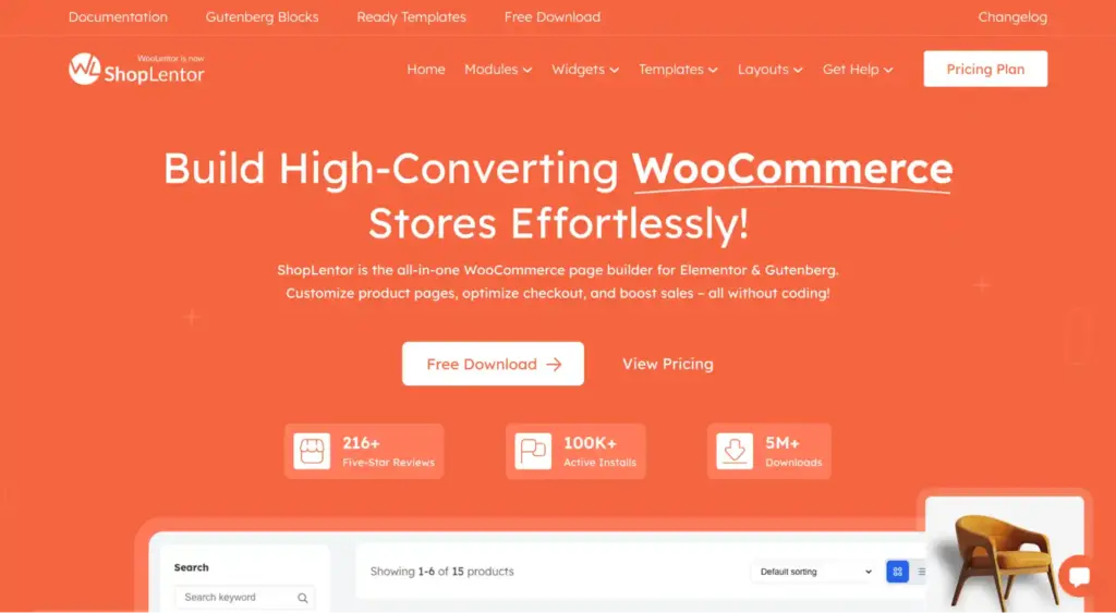 ShopLentor WooCommerce builder homepage showcasing custom shop page and checkout design features