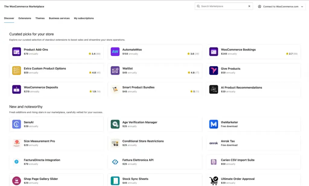 WooCommerce marketplace dashboard showing ecommerce extensions and add-ons for WordPress stores
