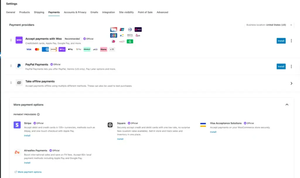 WooCommerce payment gateway settings page in WordPress showing Stripe, PayPal, and Square options