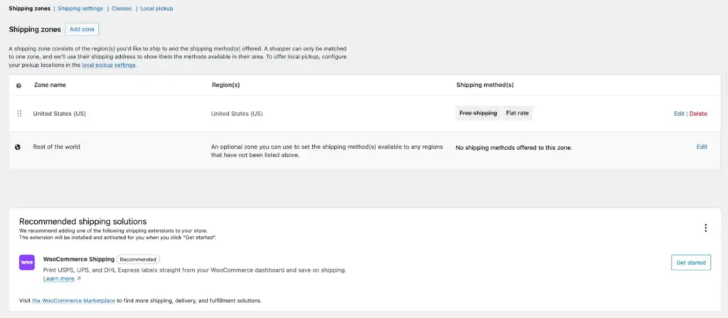 WooCommerce shipping zones settings in WordPress dashboard showing United States zone with free shipping and flat rate options