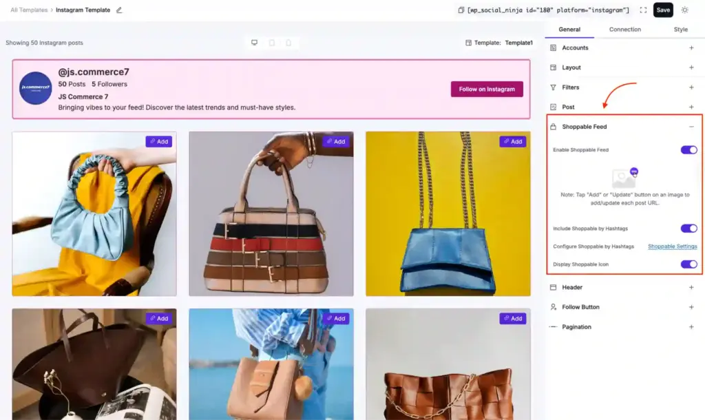 WP Social Ninja Instagram shoppable feed settings in WordPress dashboard showing product tagging and hashtag-based shopping configuration