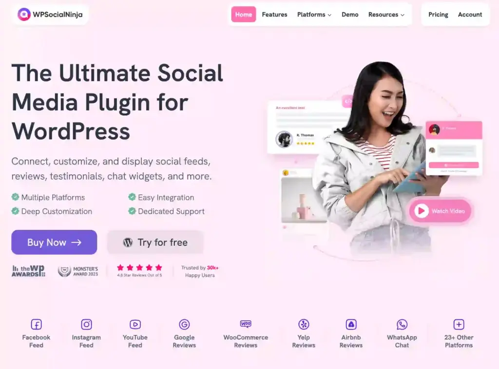 WP Social Ninja WordPress social media and review plugin homepage showing feeds, reviews, and chat widgets