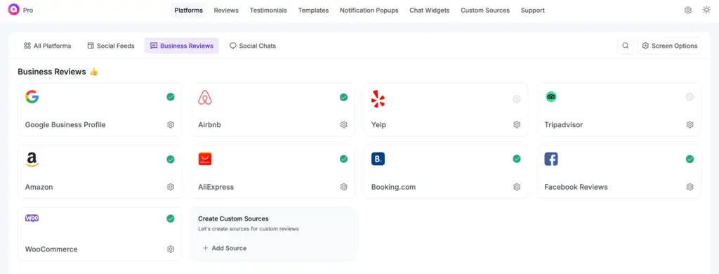connect your account from business reviews option wp social ninja dashboard