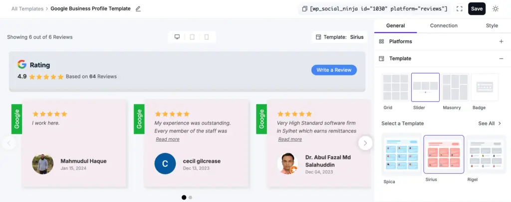 google reviews template in slider template layout