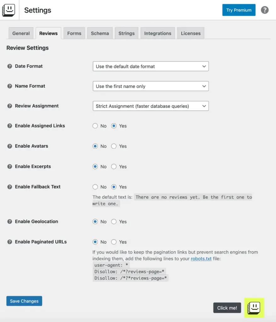 Site Reviews settings preview from display