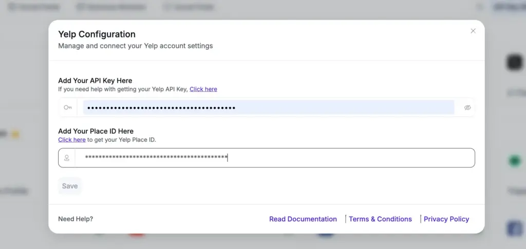 yelp configuration to connect your account- WP Social Ninja