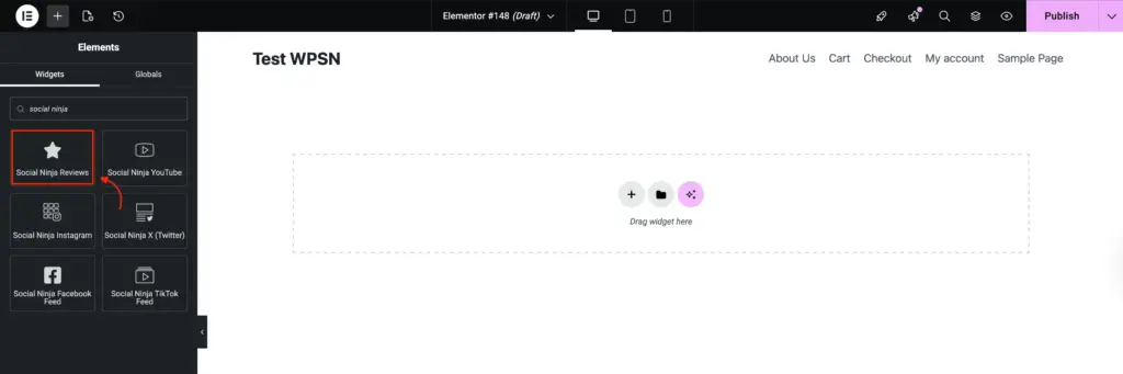 Dragging Social Ninja Reviews widget in Elementor to add Google reviews to WordPress Elementor page.