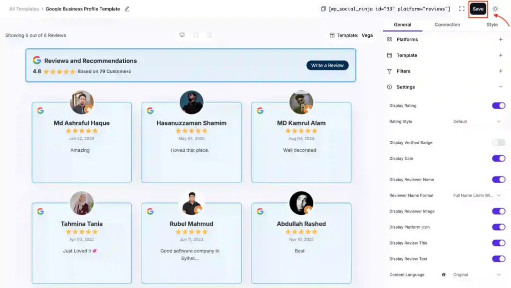 Customizing options for the Google reviews template in WP Social Ninja dashboard