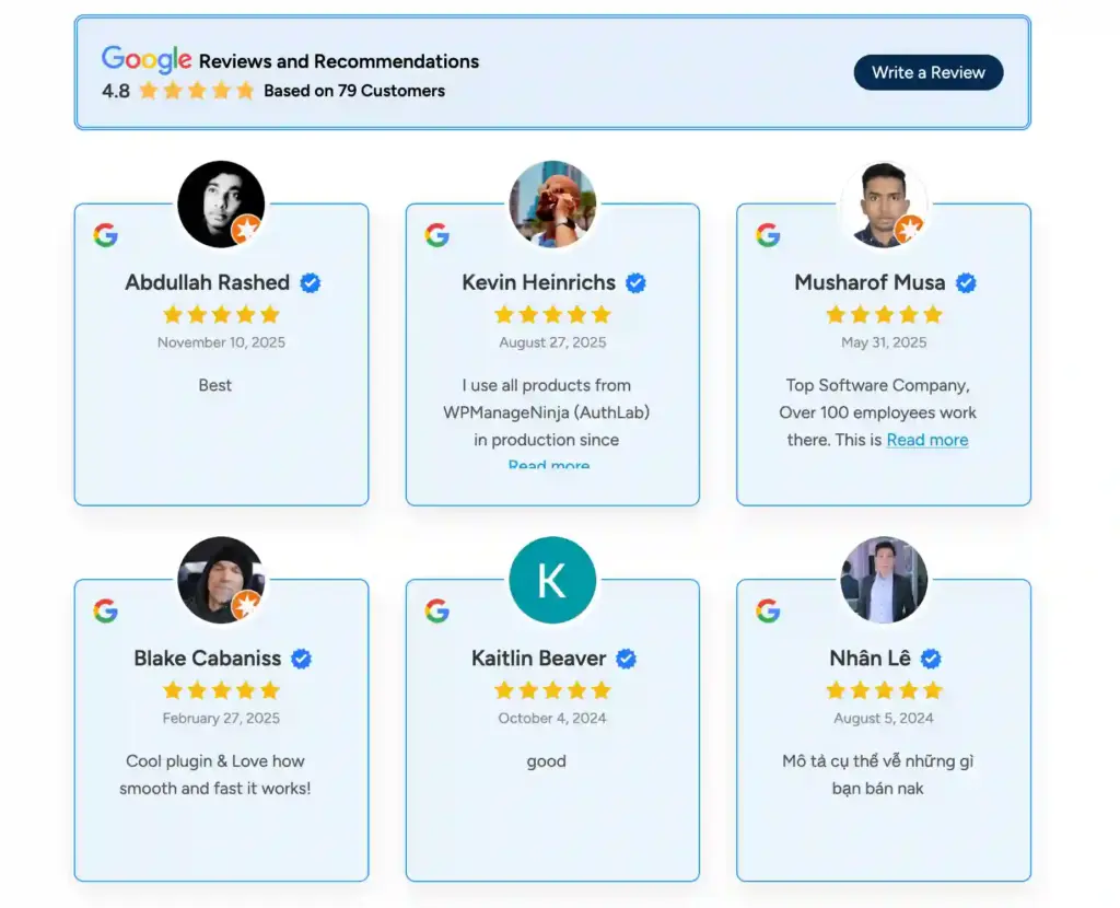 Preview of Elementor Google reviews displayed on a live WordPress website using WP Social Ninja.