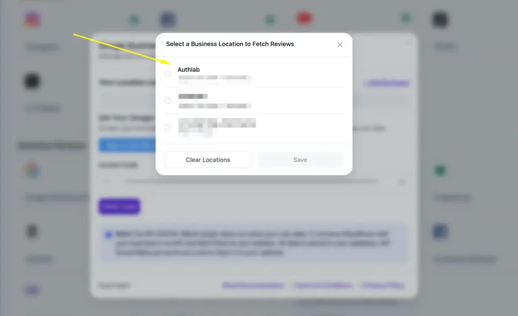 Business location selection popup in WP Social Ninja for fetching Google reviews