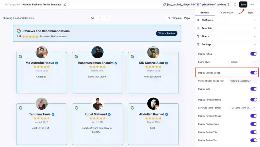 Enabling verified badge for Google reviews in WP Social Ninja before displaying reviews in Elementor.