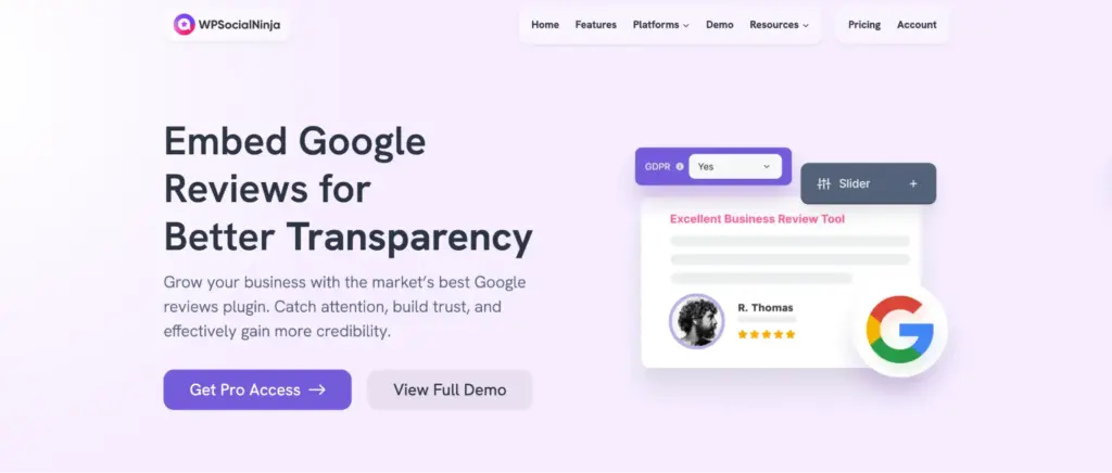 WP Social Ninja Google reviews plugin landing page showing features for embedding Google reviews on WordPress.