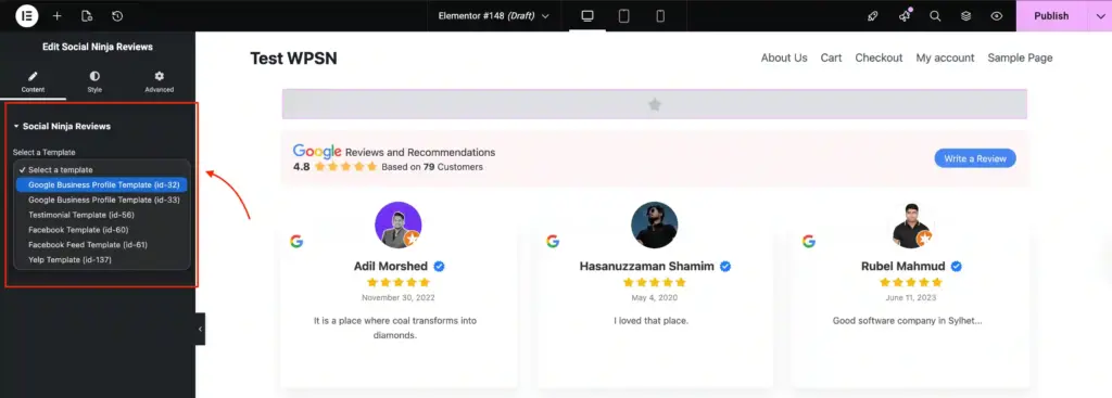 Selecting Google Business Profile template in Elementor to display Google reviews using WP Social Ninja.