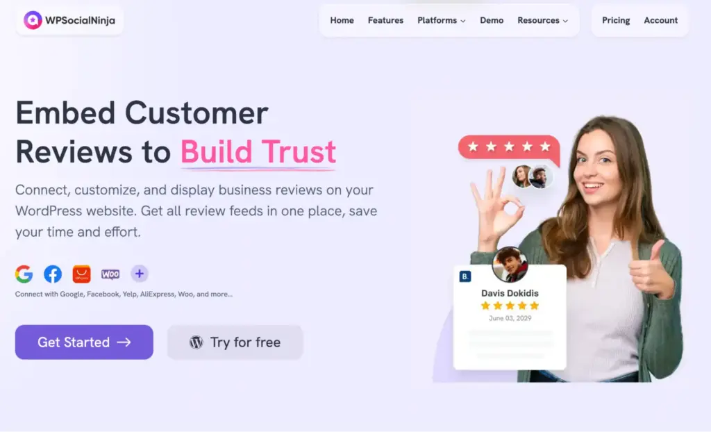 The business reviews landing page of WP Social Ninja