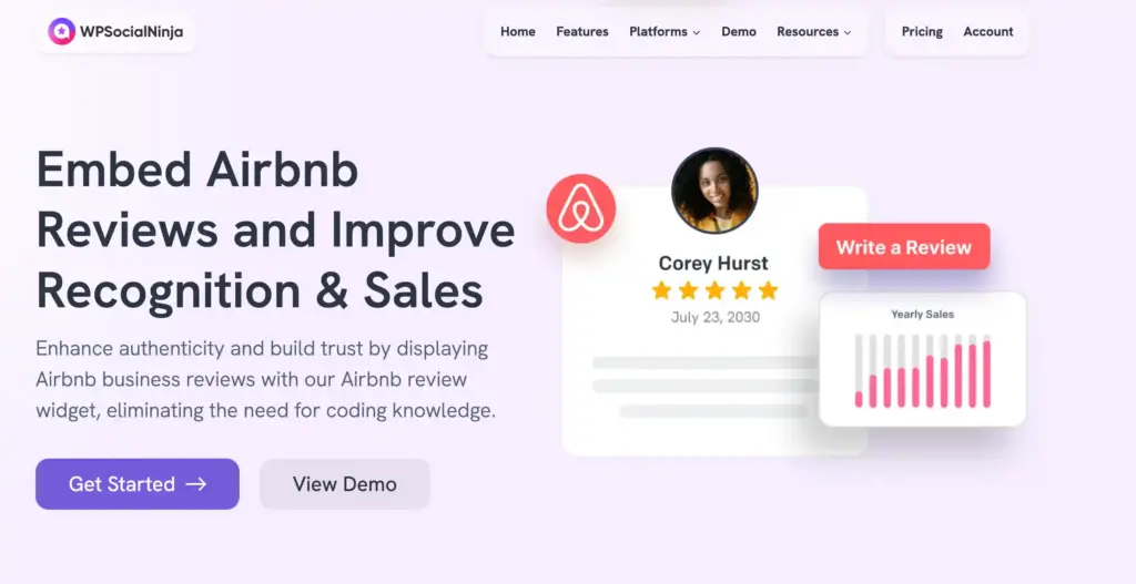 WP Social Ninja Airbnb reviews plugin landing page showing how to display Airbnb reviews on WordPress