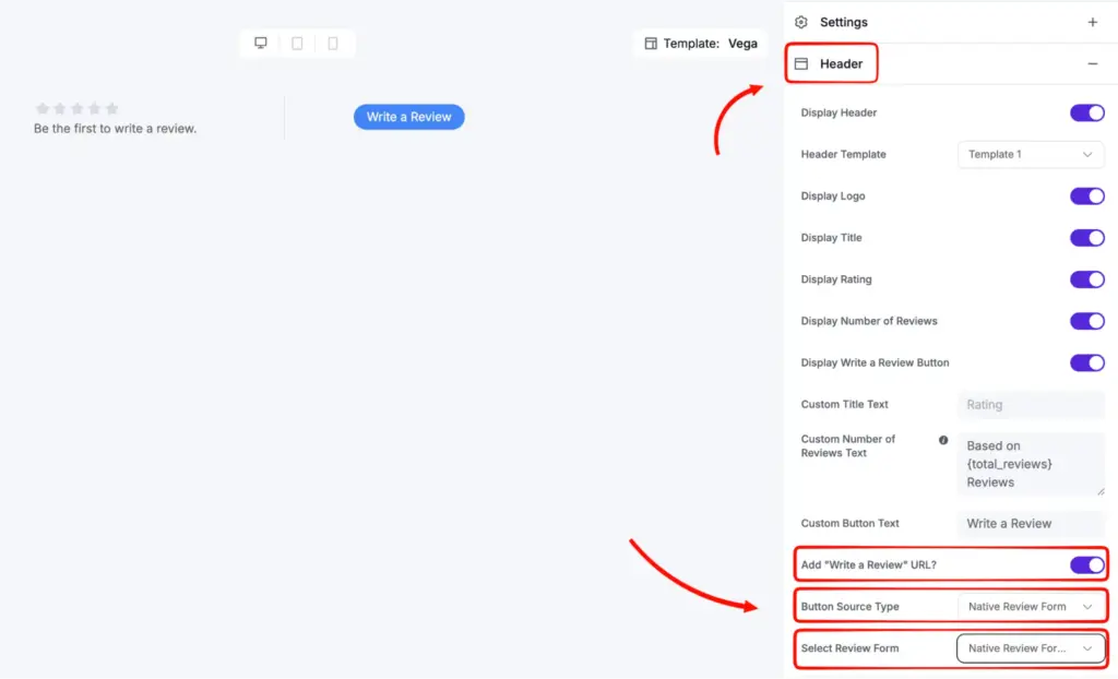 The Header settings in editiorial pannel of WP Social Ninja for FluentCart product reviews