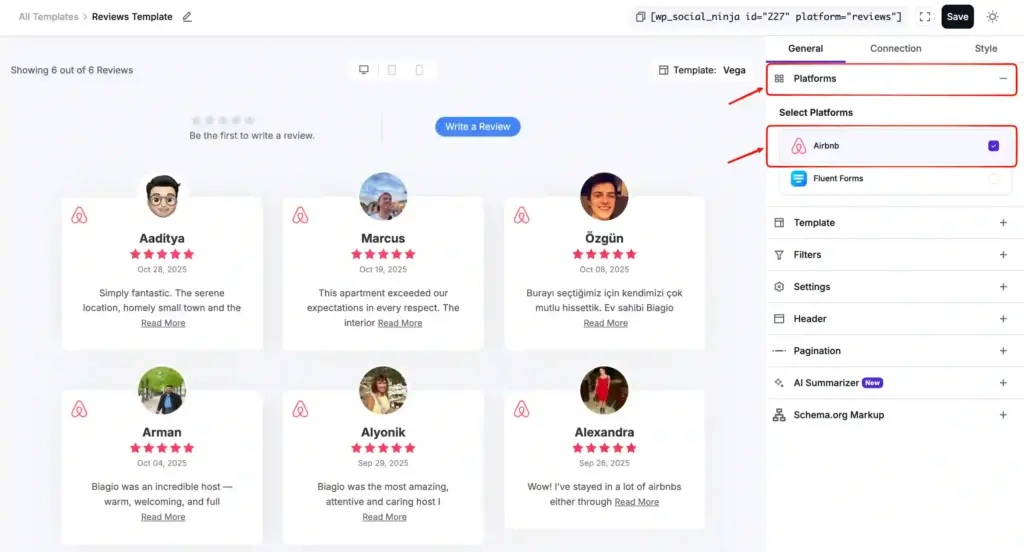 Select Airbnb platform in WP Social Ninja template editor to fetch and display connected reviews