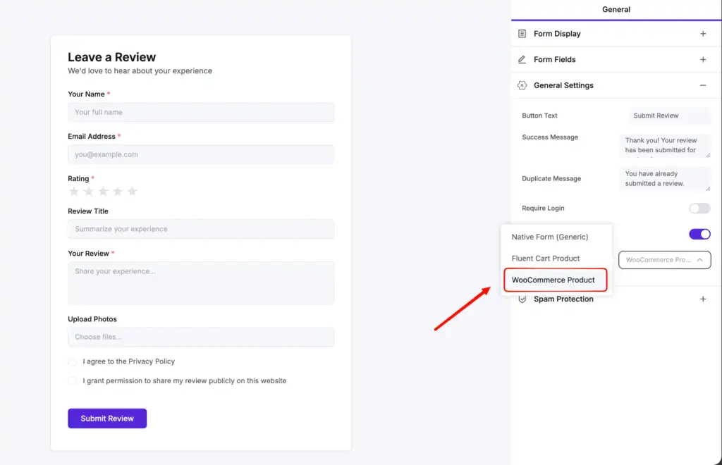 WooCommerce products on WP Social Ninja's Review Target field of the native review form
