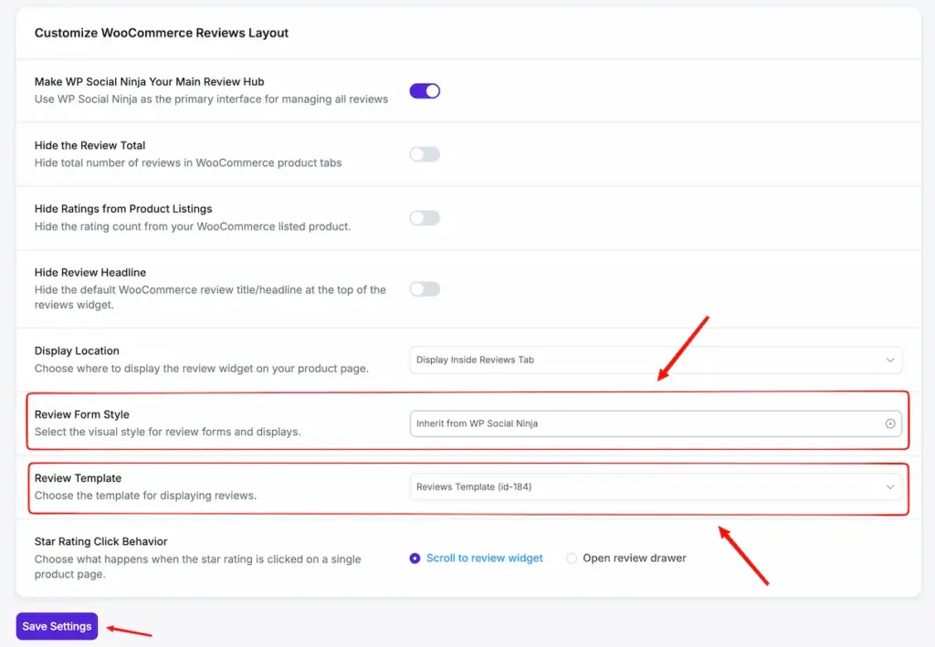 WooCommerce review Settings panel inside WP Social Ninja dashboard