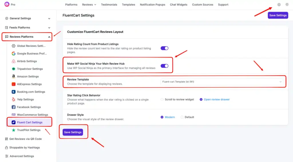 FluentCart Reviews settings pannel inside the Settings section of WP Social Ninja