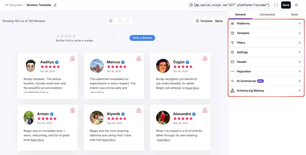 WP Social Ninja review template editor showing General tab options like filters, settings, header, pagination, and schema markup