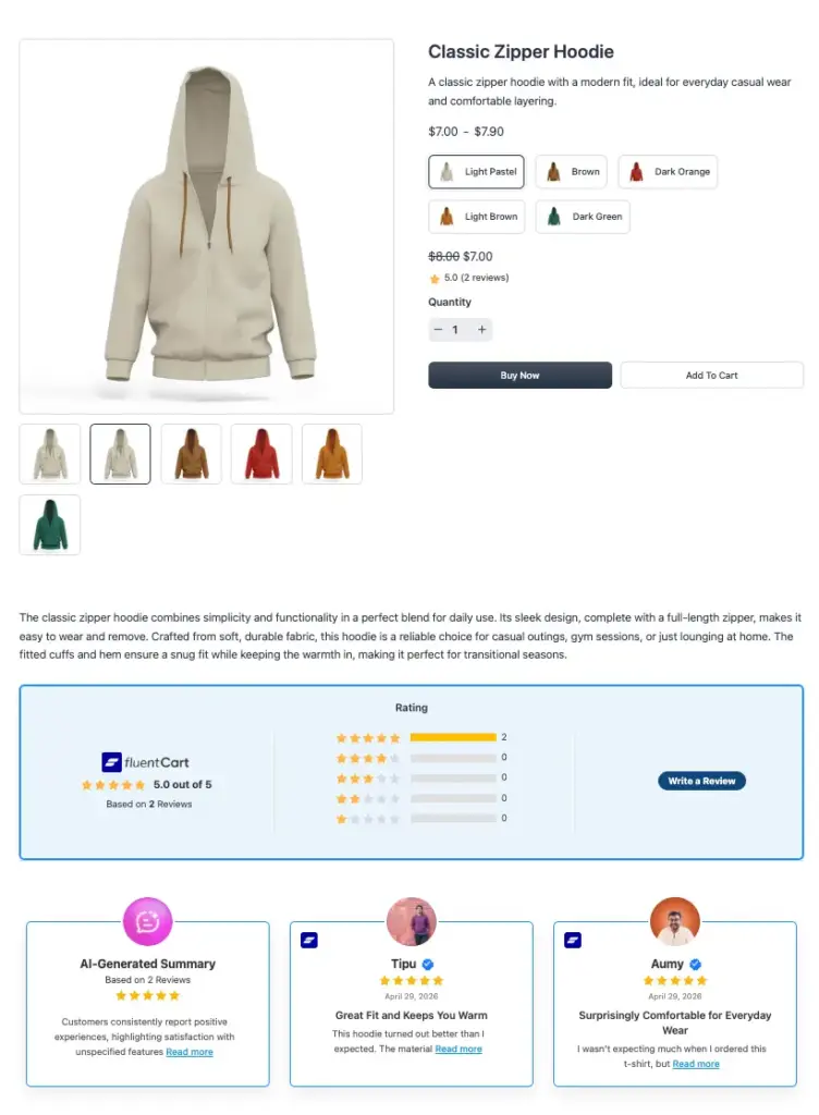 A preview of FluentCart product reviews collected and displayed by WP Social Ninja