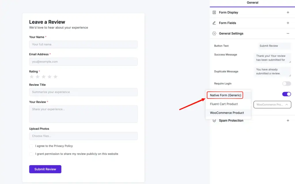 Native Form (Generic) option on WP Social Ninja's Review Target field of the native review form to collect review from custom sources
