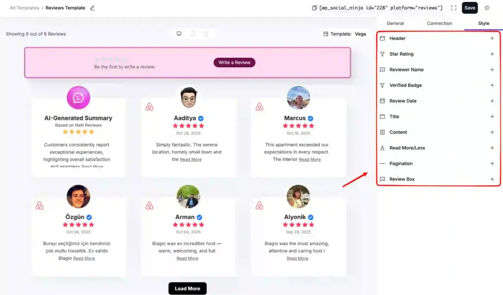 Customize review design in WP Social Ninja Style tab including layout, fonts, colors, and review box elements