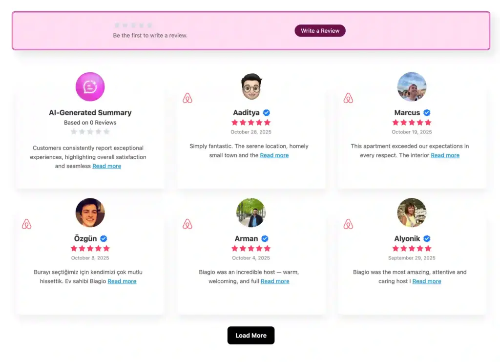 Airbnb reviews displayed on WordPress website using WP Social Ninja with AI summary and review cards layout
