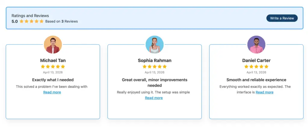 A preview of displaying reviews from custom sources collected with WP Social Ninja's native review form.