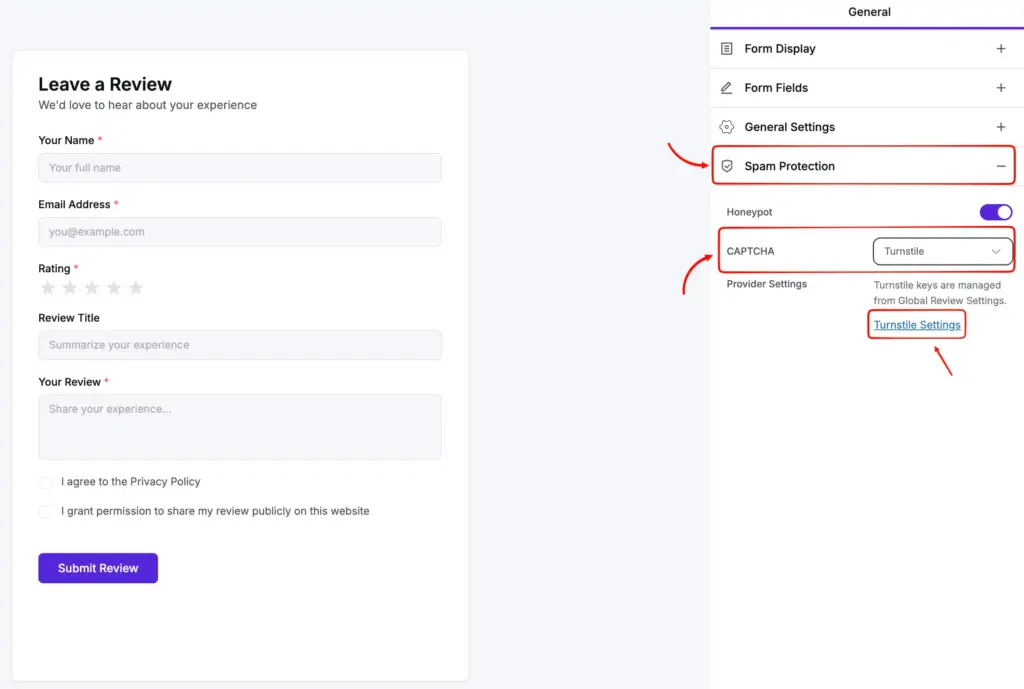 Spam protection feature for WP Social Ninja's native review field