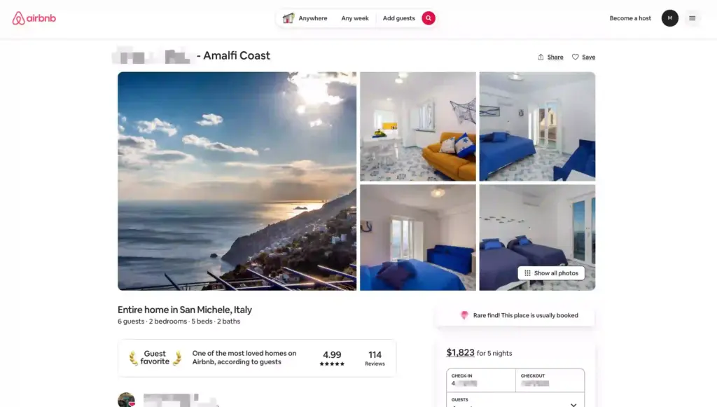 Airbnb property listing page showing guest ratings, photos, and review details for a rental