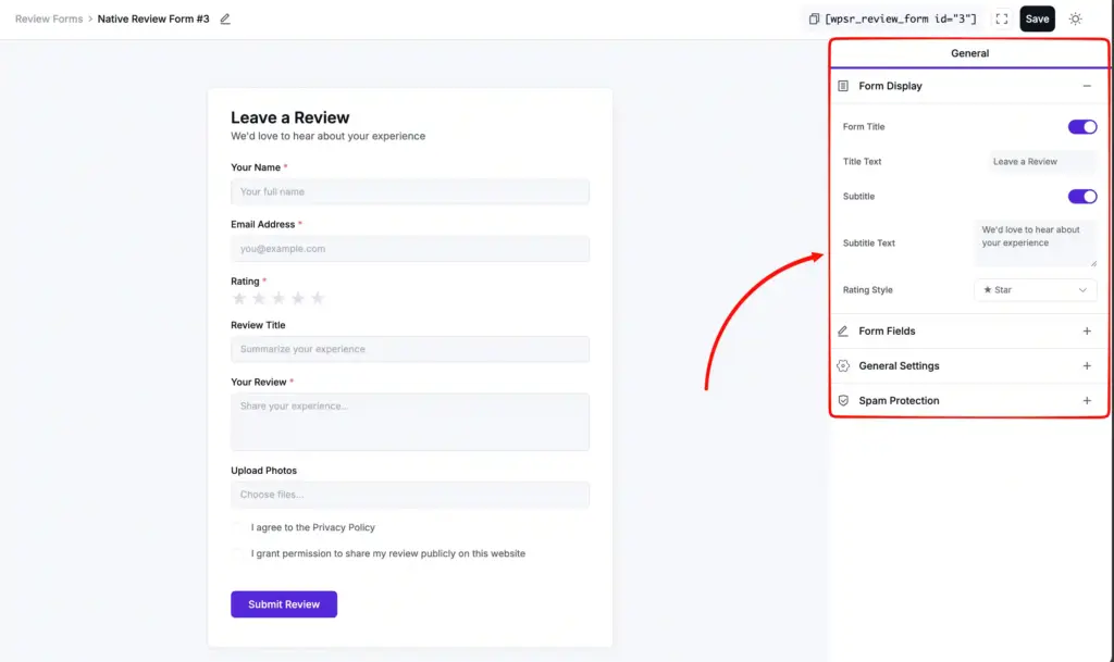 WP Social Ninja dashboard showing options inside the native review field editing panel