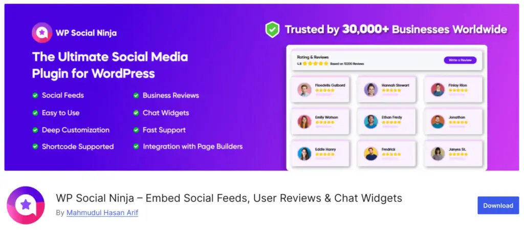 The cover photo of WP Social Ninja at the WordPress directory