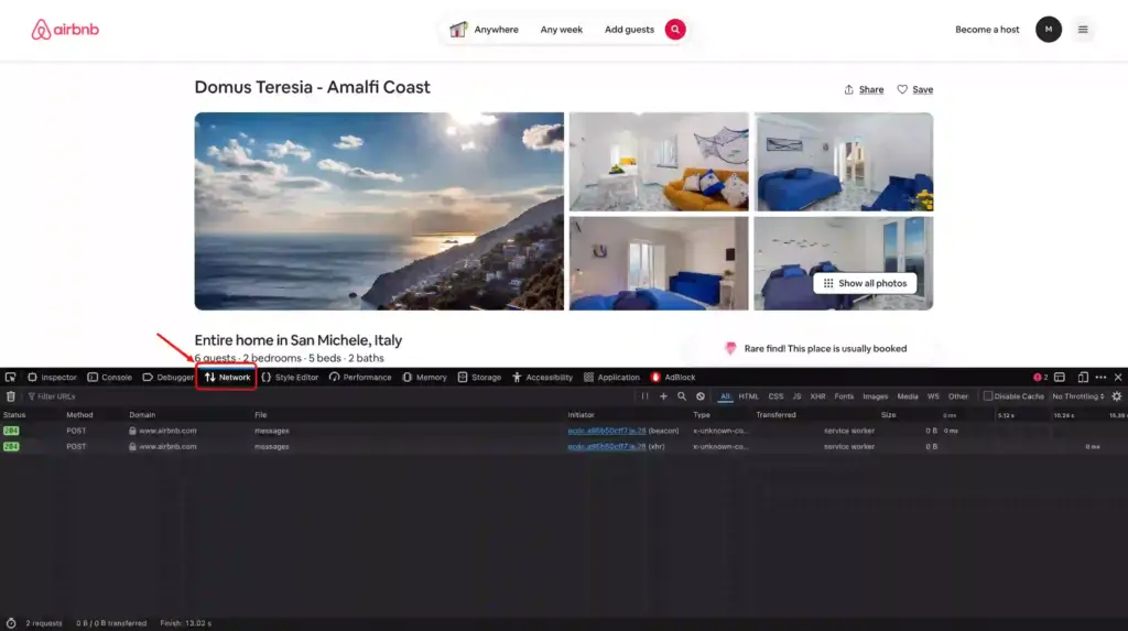Open Developer Tools and Network tab on Airbnb listing page to inspect API requests for reviews