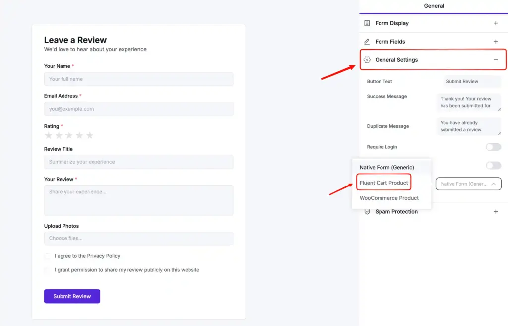 FluentCart product on WP Social Ninja's Review Target field of the native review form