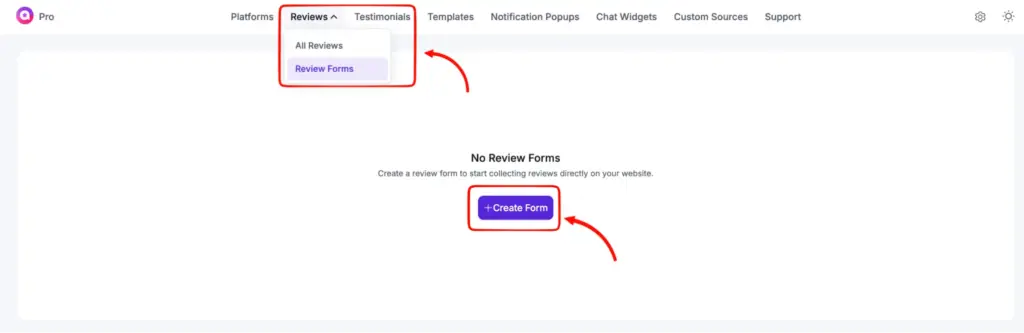 The review form creation option inside the WP Social Ninja dashboard