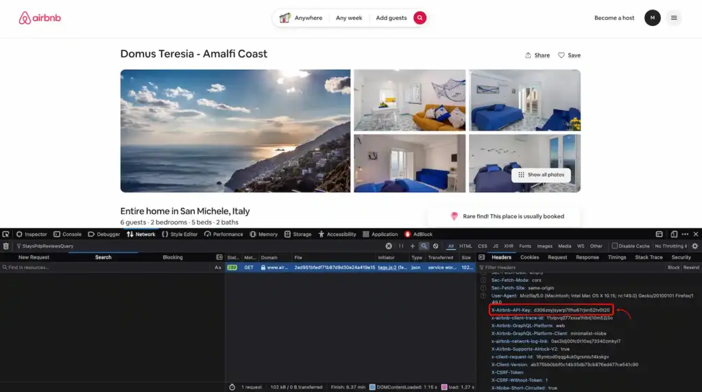 Find and copy x-airbnb-api-key from Headers in Network tab on Airbnb listing page