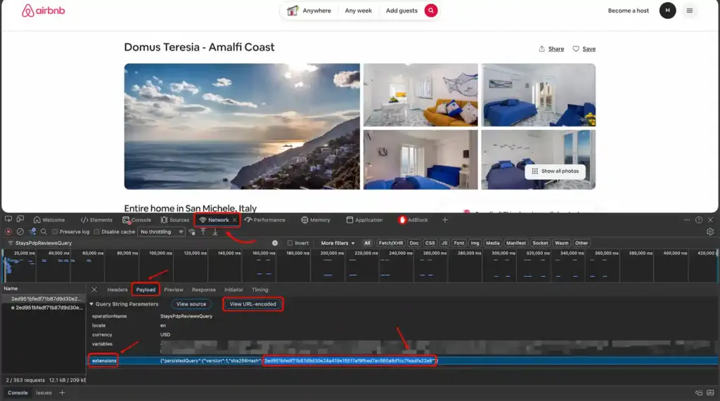 Copy sha256Hash secret key from Payload tab in Airbnb Network request for API integration